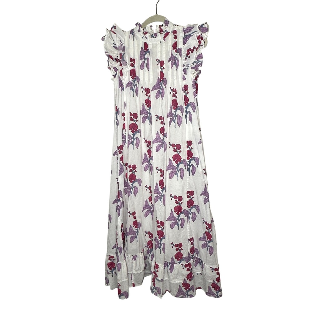 VICTORIA‎ DUNN White Floral Print Ruffle Sleeve Midi Dress Women's Size S